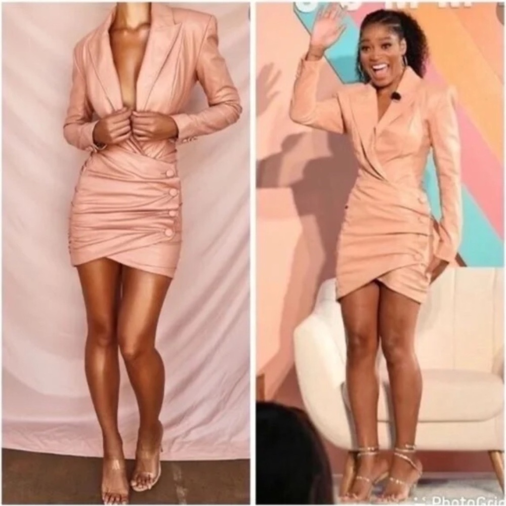 NWT House of CB Peony Pink Vegan Leather Plunge Blazer Bodysuit+Skirt Set(Sz L)